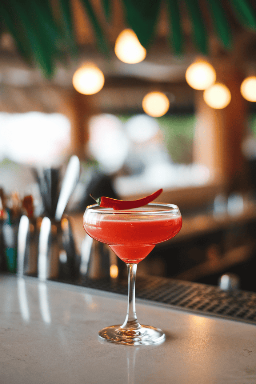 Indoor tropical bar with coupe glass of bright scarlet daiquiri, thin red chili floating, bar tools blurred behind; no logos or text, photo.