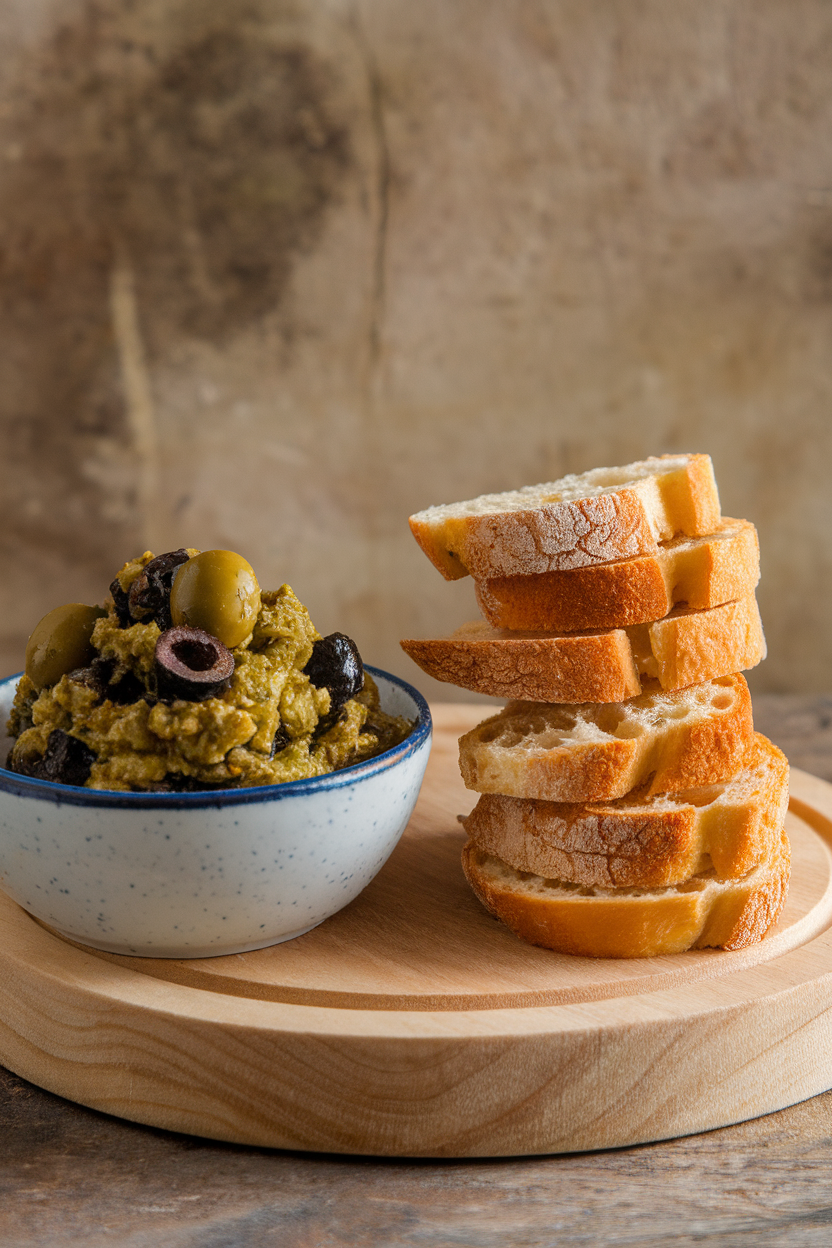 An indoor bowl of chunky olive tapenade, green and black olives visible, crostini slices stacked alongside. No logos or text. Photo only.