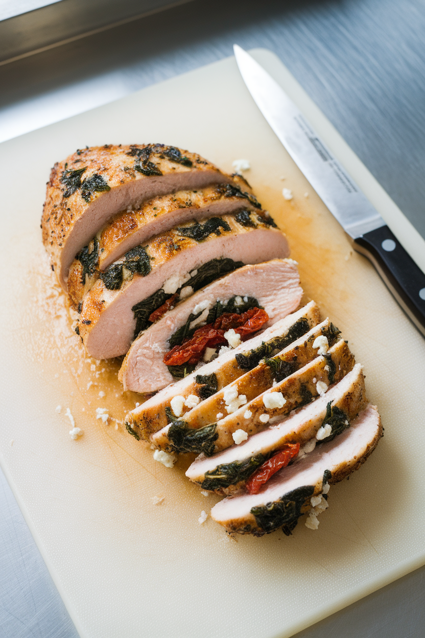 An indoor cutting board displaying sliced stuffed chicken breast with spinach, feta, and sun-dried tomatoes visible. No text or logos, photo.