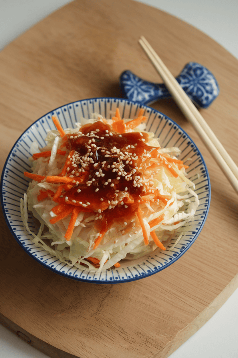 An indoor serving bowl containing shredded cabbage and carrots tossed with sesame seeds and a glossy soy-ginger dressing, chopsticks resting nearby. No text or logos; photo only.