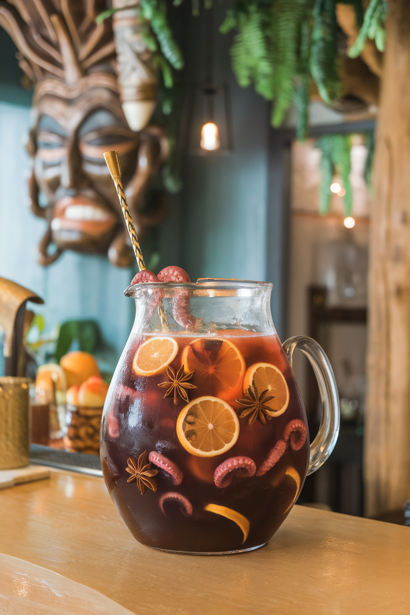 Indoor tiki-style bar with a large glass pitcher of dark rum punch dotted by floating citrus wheels and star anise pods, octopus stir stick lurking inside. No logos or text. Photo, not illustration.