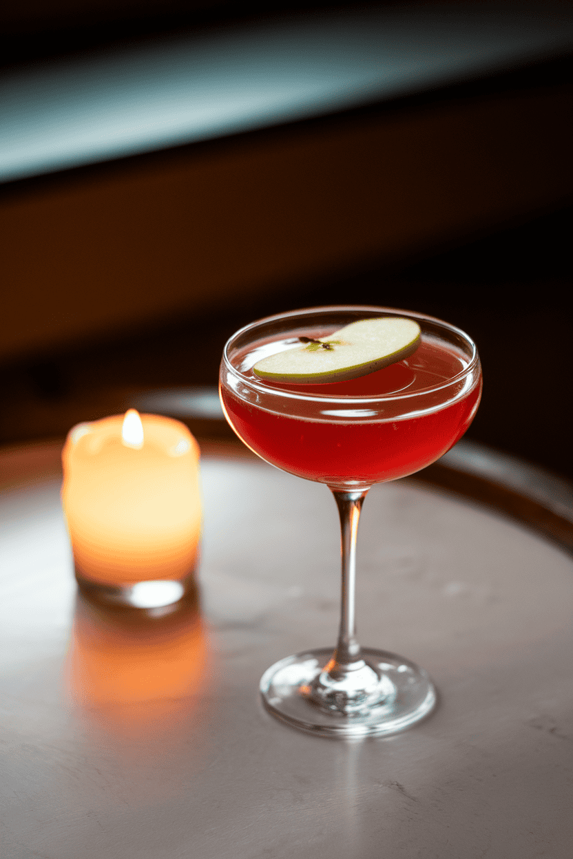 Indoor cocktail table with a stemmed martini glass of vibrant red apple martini, a single green apple slice floating on top, candlelight flickering softly behind; no text or logos, photo only.