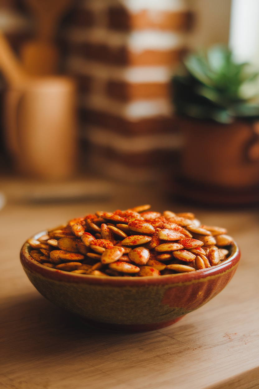 A shallow indoor ceramic bowl piled with glossy, roasted pumpkin seeds dusted with red pepper flakes. Warm light, no text or logos. Photo, not illustration.