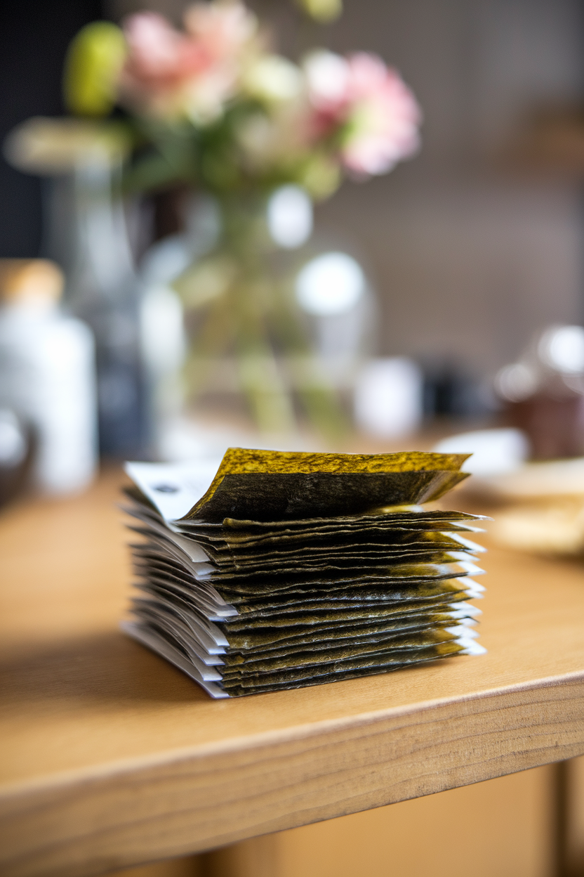 A neatly arranged stack of thin seaweed snack packets on an indoor wooden table, one sheet partially pulled out to show its texture. Soft lighting, no logos or text.