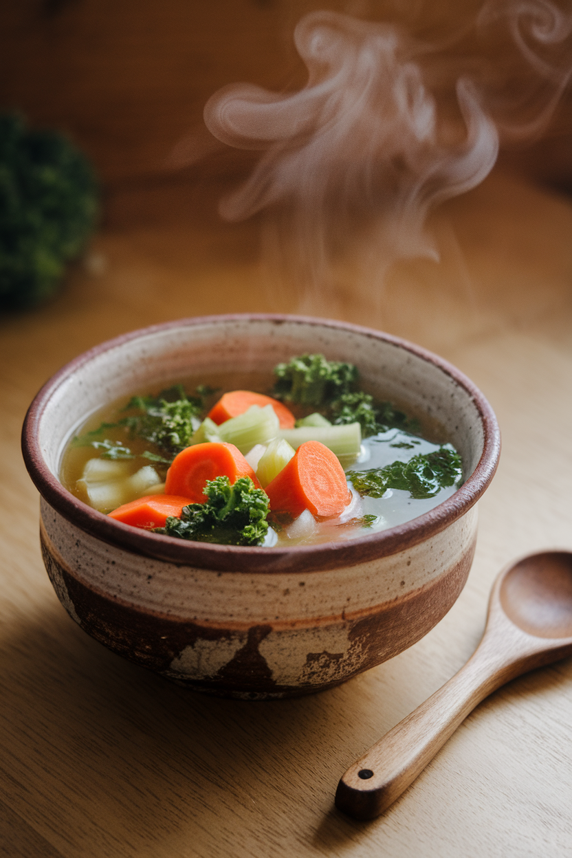 Indoor photo of a rustic ceramic bowl holding clear bone broth loaded with diced carrots, celery, and kale, steam wafting upward. Wooden soup spoon beside the bowl, no text or logos.