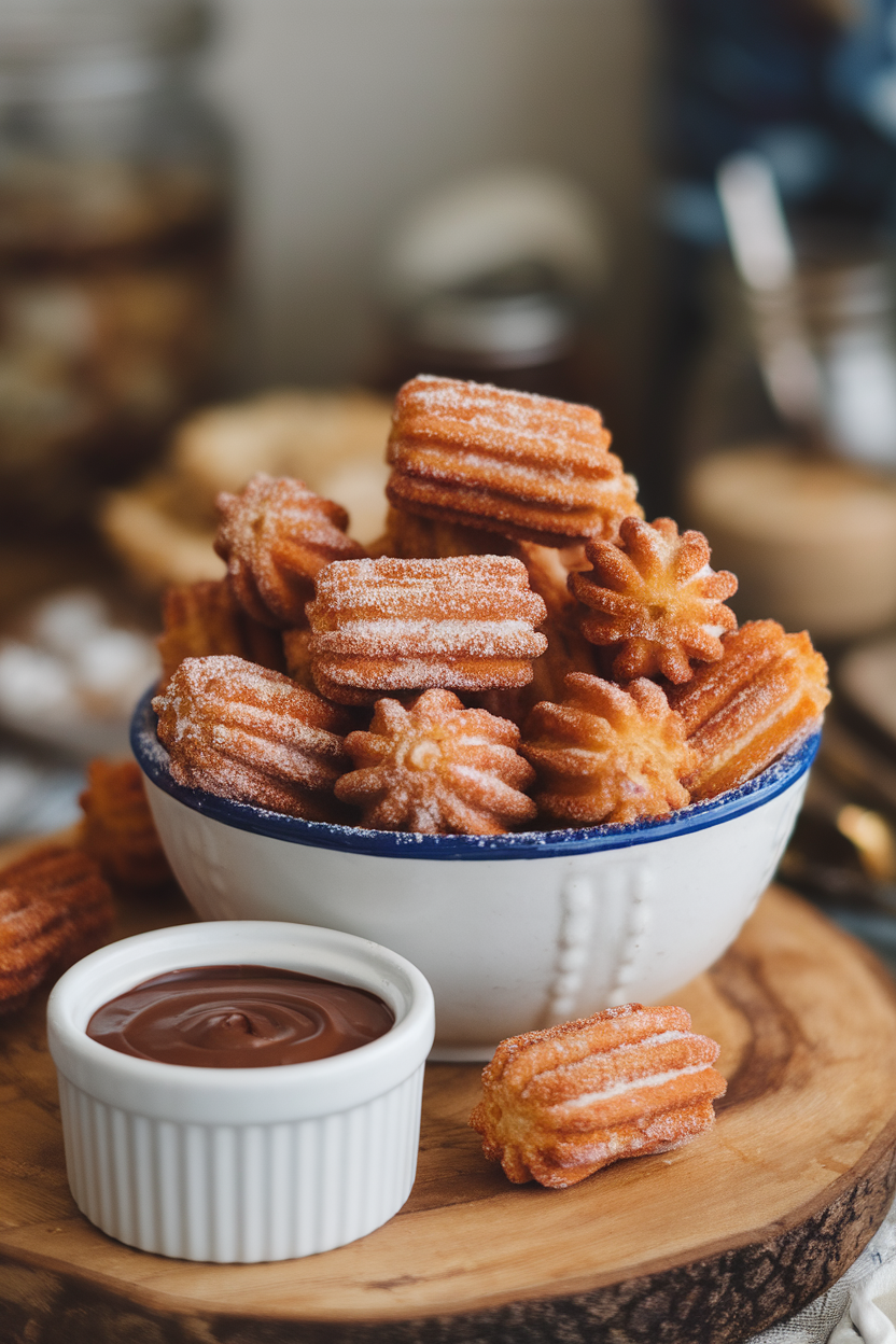 Indoor photo of bite-sized churros piled in a bowl, each coated in cinnamon sugar, with a small ramekin of chocolate dipping sauce. No text or logos.