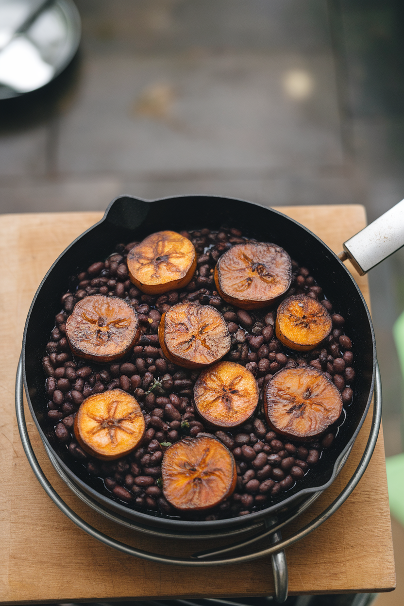 An indoor skillet filled with caramelized plantain slices and seasoned black beans, placed on a trivet, shot three-quarter overhead. No text or logos present.
