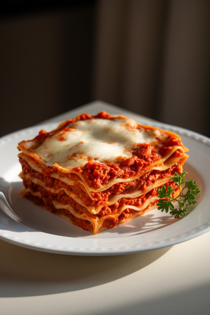 Indoor photo of a square of classic lasagna on a plate, layers of pasta, meat sauce, and melted mozzarella clearly visible. Gentle tabletop lighting, no logos.