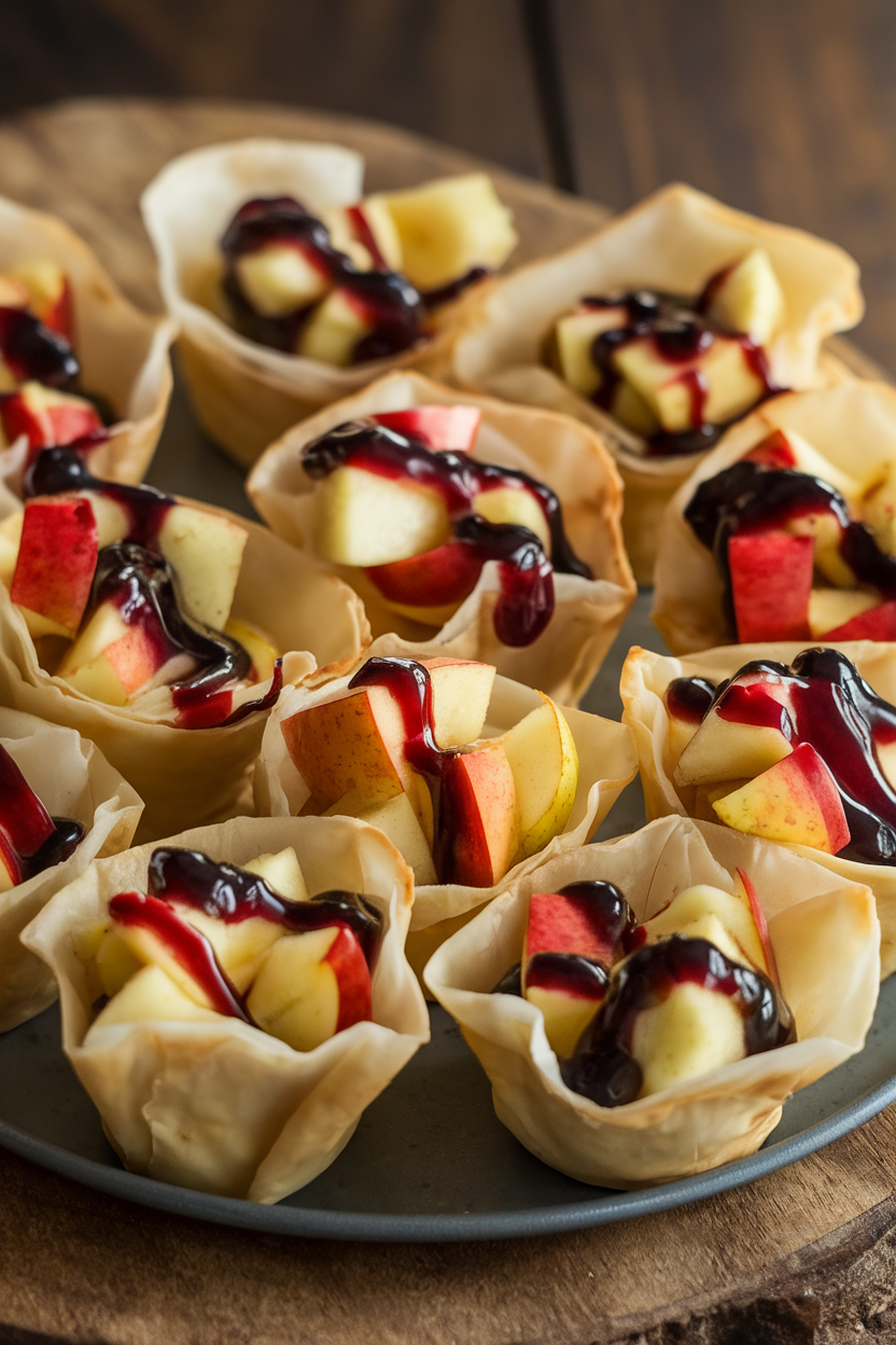 Phyllo cups filled with melted Brie and diced cinnamon apples, drizzled with dark berry reduction, on an indoor platter. Photo, no text or logos.