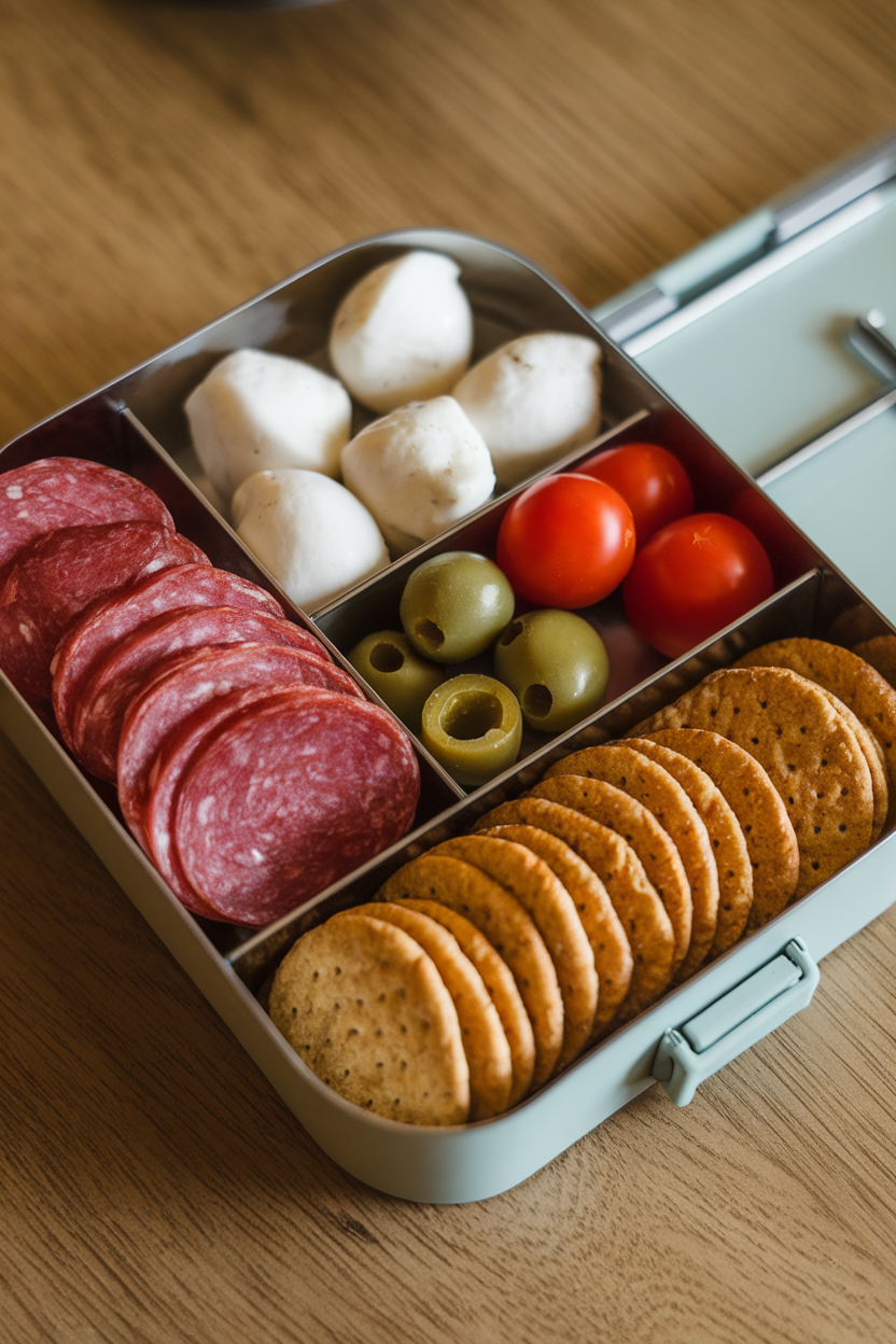 Photo of a compartmentalized lunchbox indoors containing sliced salami, mozzarella balls, olives, cherry tomatoes, and whole-grain crackers. No text or logos.