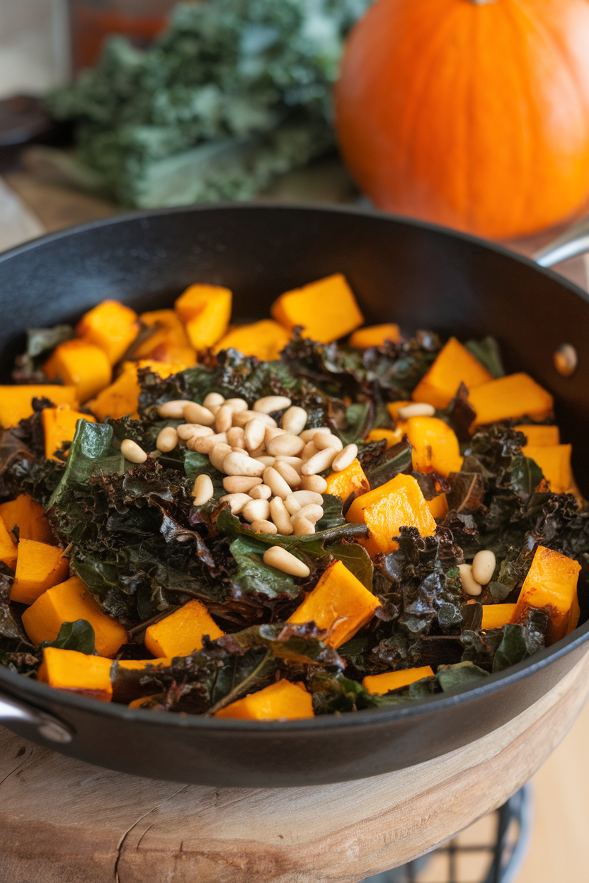 A skillet indoors containing diced roasted pumpkin and wilted kale ribbons tossed together; no text or logos. Photo only.
