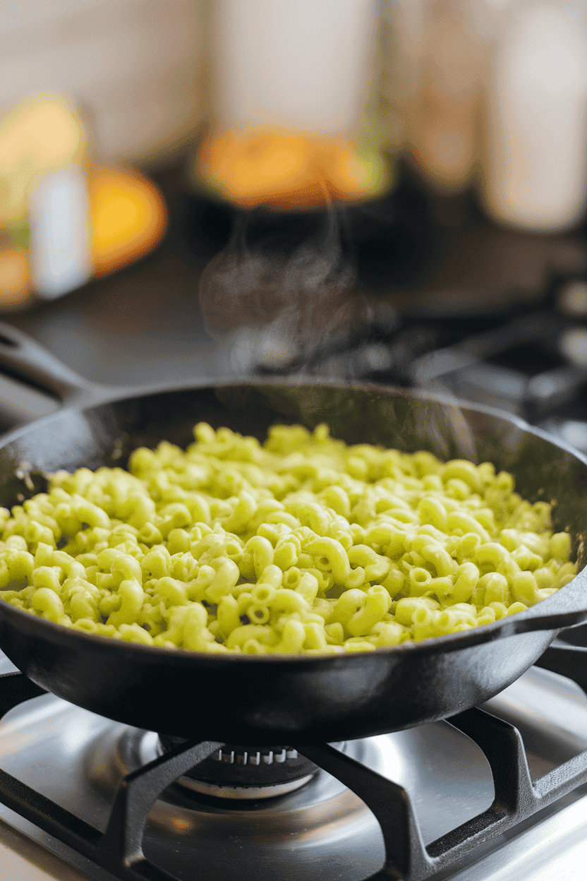 Indoor stovetop shot of a cast-iron skillet filled with neon-green macaroni and cheese, steam wafting upward. Photograph; no text or logos.