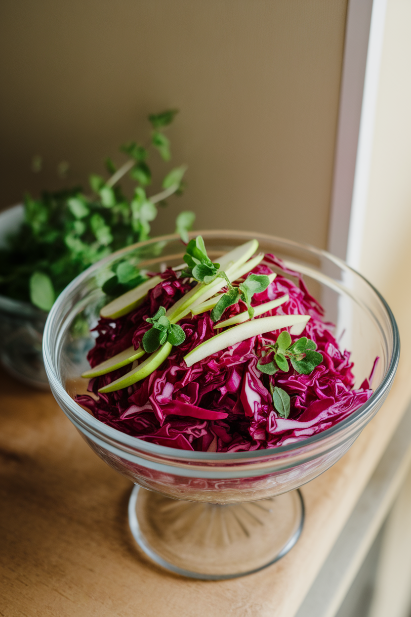 Indoor photo of finely shredded red cabbage mixed with green apple strips and fresh herb leaves in a glass bowl; bright indoor light, no text or logos.