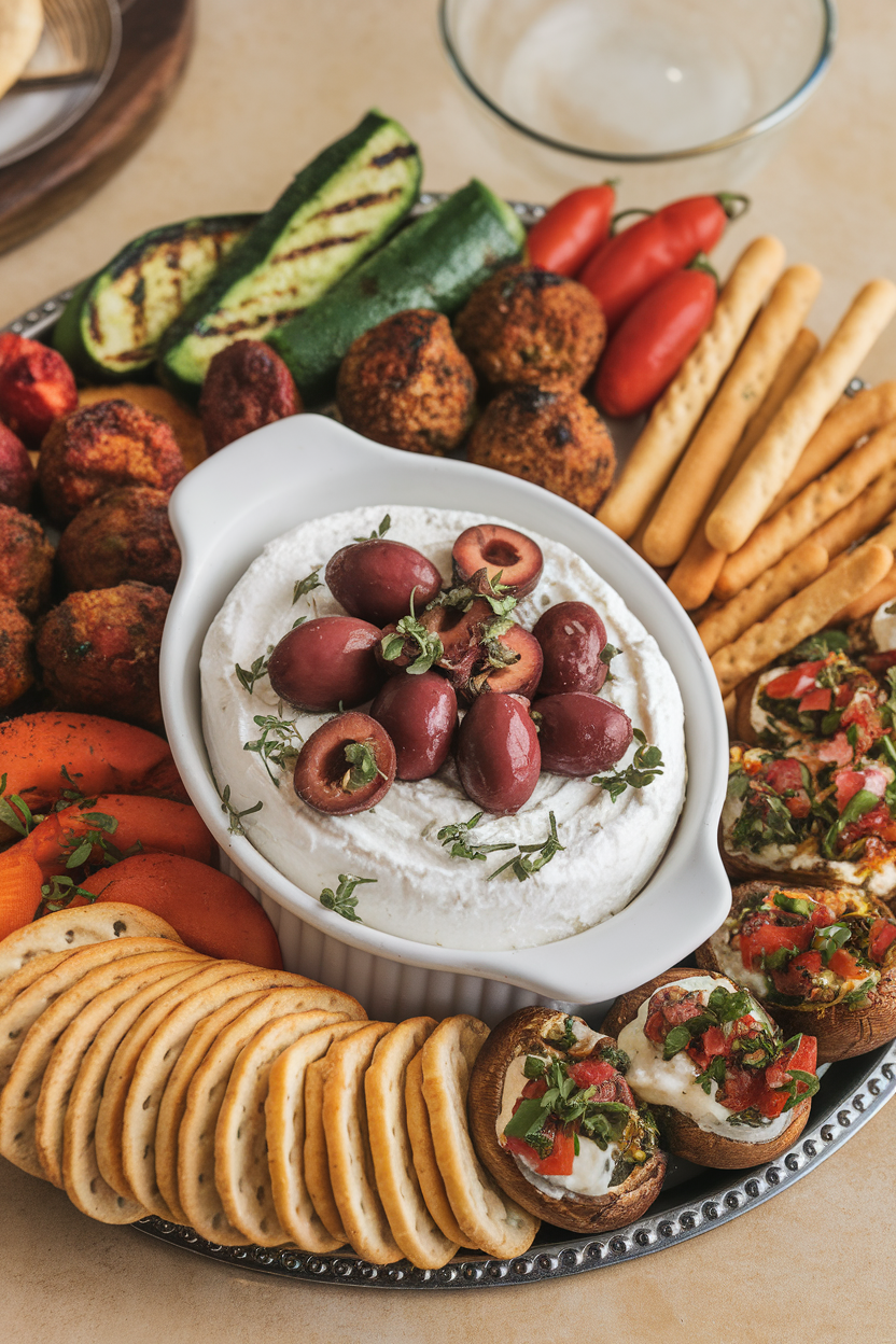 An indoor appetizer tray with a white dish of whipped feta topped by sliced kalamata olives and oregano. Photo, no text or logos.