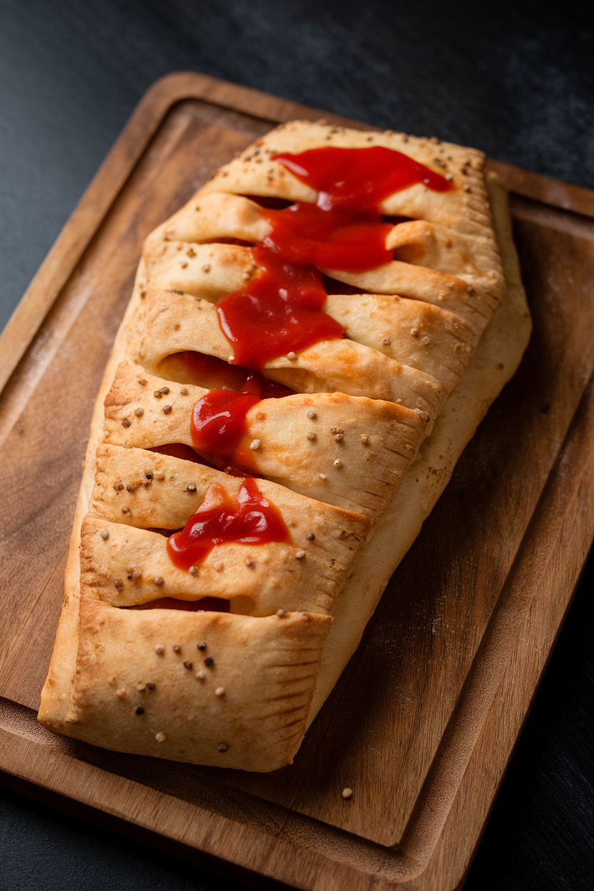 Indoor shot of a coffin-shaped calzone with slits on top that leak marinara “blood.” Photo only, no text or logos.