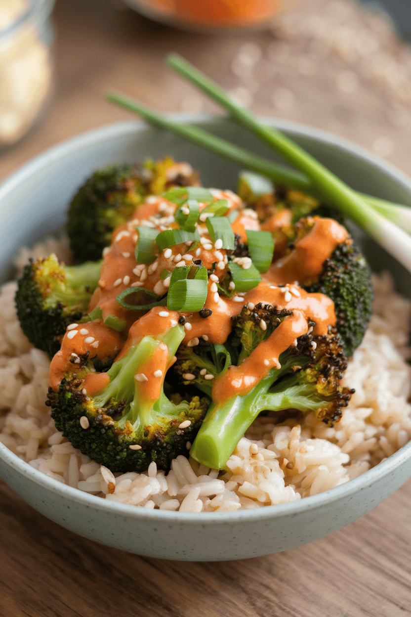 Indoor photo of a meal-prep bowl containing steamed broccoli florets glazed with orange sesame sauce atop brown rice, no text or logos.