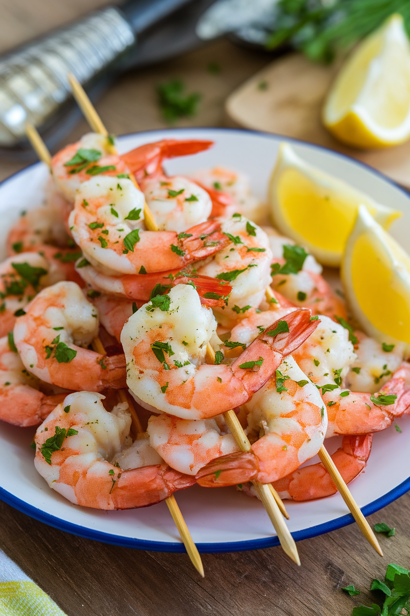 Indoor plate of cooked shrimp skewers coated in garlic butter, parsley scattered, lemon wedges to the side. No text or logos. Photo only.