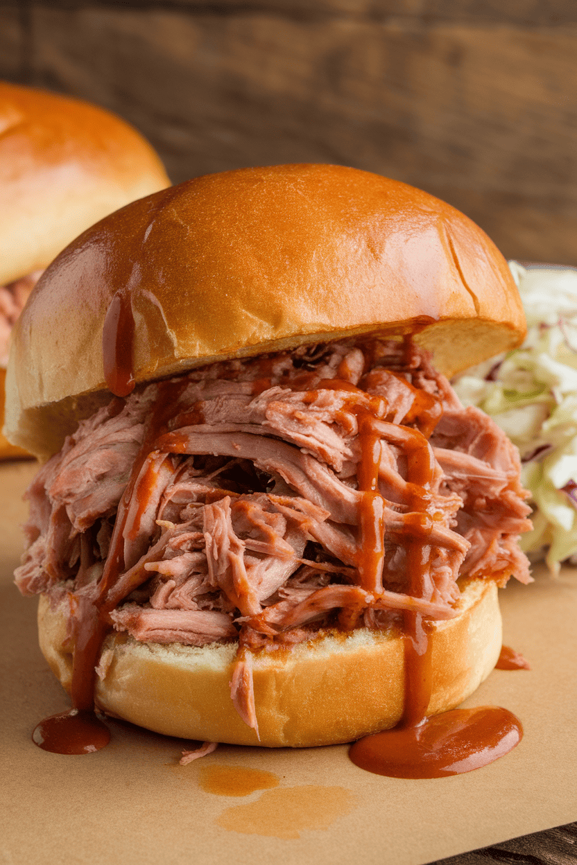 Indoor table scene with a heap of pulled pork on a brioche bun, extra sauce drizzled over, coleslaw peeking out from the side. No text or logos visible. Photo, not illustration.
