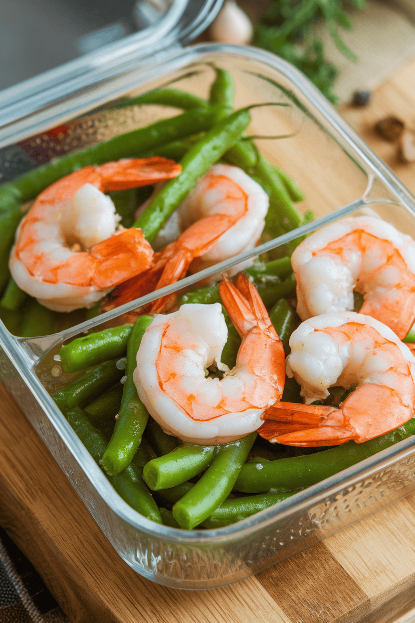 Indoor photo of shrimp and green beans glistening with lemon garlic butter in a divided container. No text or logos.