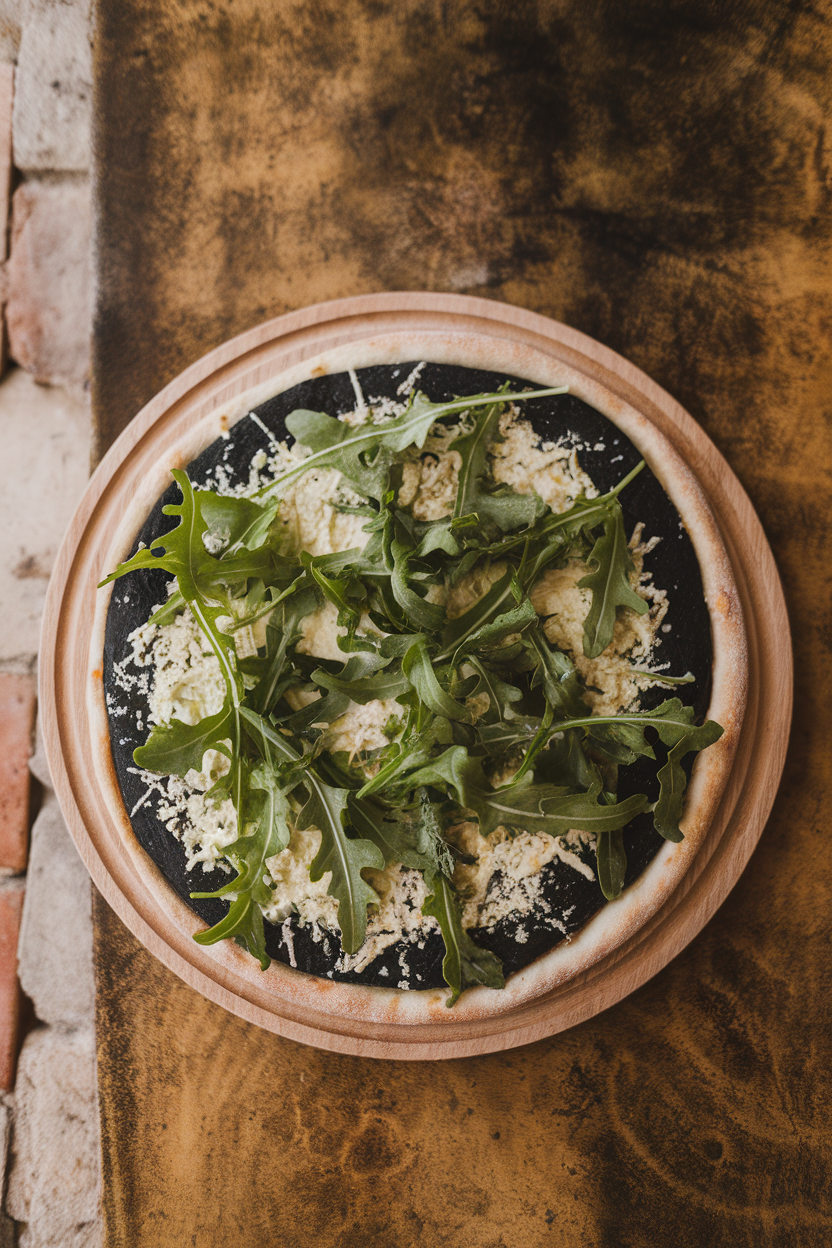 Indoor overhead photo of a black-charcoal pizza crust topped lightly with white cheese and arugula for contrast. Photo only, no text or logos.