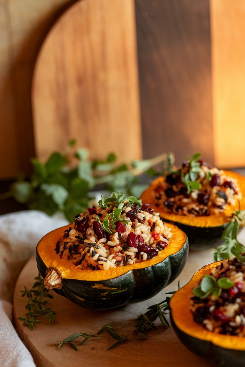 Halved roasted acorn squash filled with colorful wild rice, cranberries, and herbs, arranged on a serving board indoors; no text or logos. Photo only.