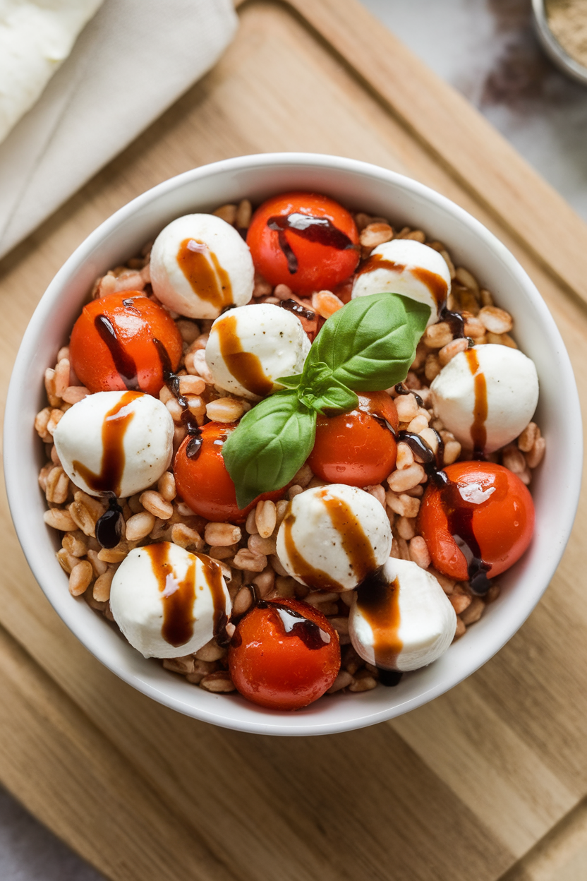 An overhead indoor shot of a bowl filled with farro, cherry tomatoes, mozzarella pearls, and basil drizzled with balsamic glaze. No text or logos.