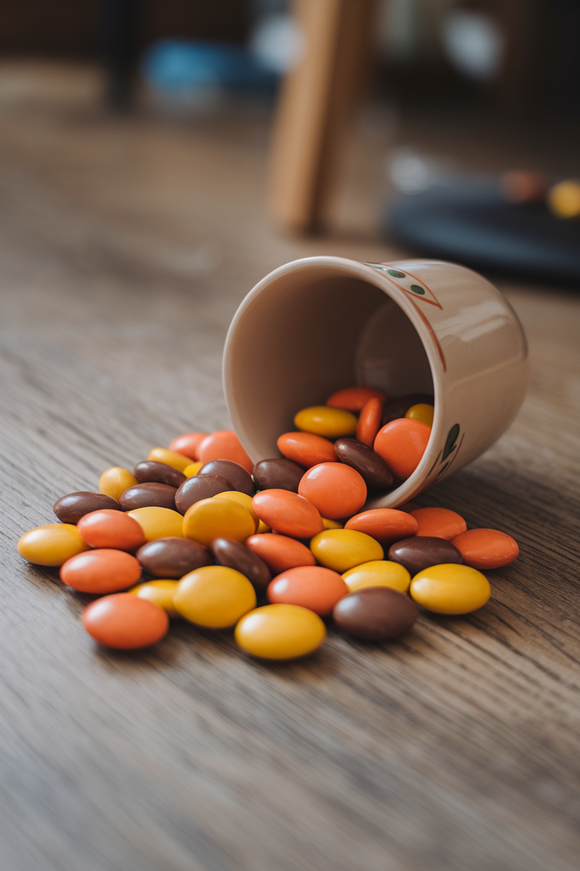 Photo of indoor ceramic cup tipped over, spilling orange, yellow, and brown candy-coated peanut butter pieces, no logos
