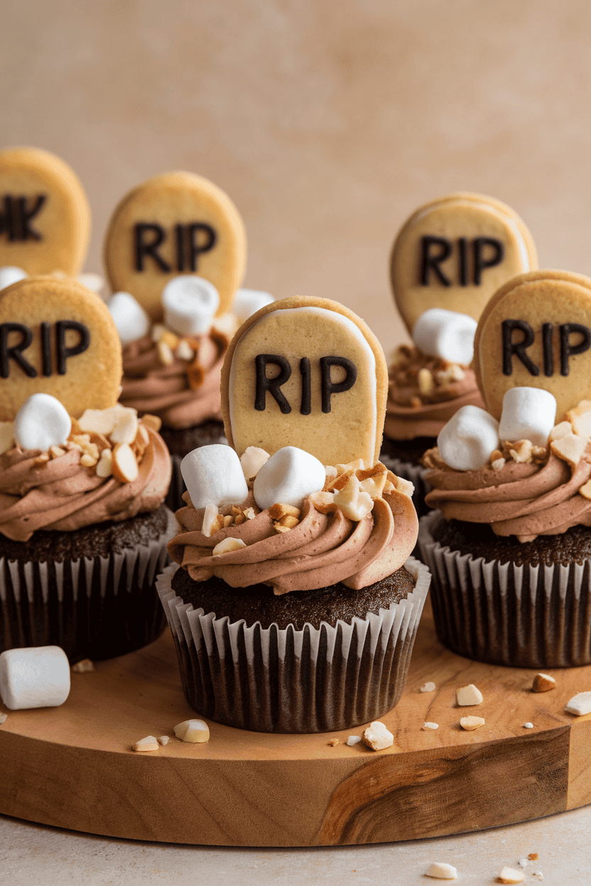 Indoor image of rocky road cupcakes topped with mini marshmallows, chopped almonds, and a cookie tombstone reading “RIP”; no text or logos