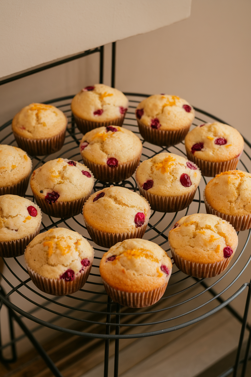 Indoor cooling rack with golden muffins dotted with cranberries, orange zest visible on tops. No text or logos.