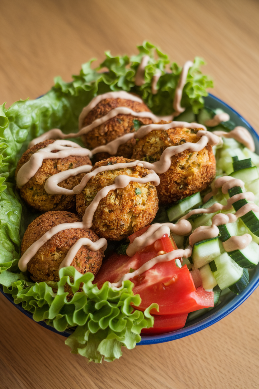 An indoor photo of a bowl filled with baked falafel balls, chopped lettuce, tomato, cucumber, and a drizzle of tahini sauce, no text or logos.