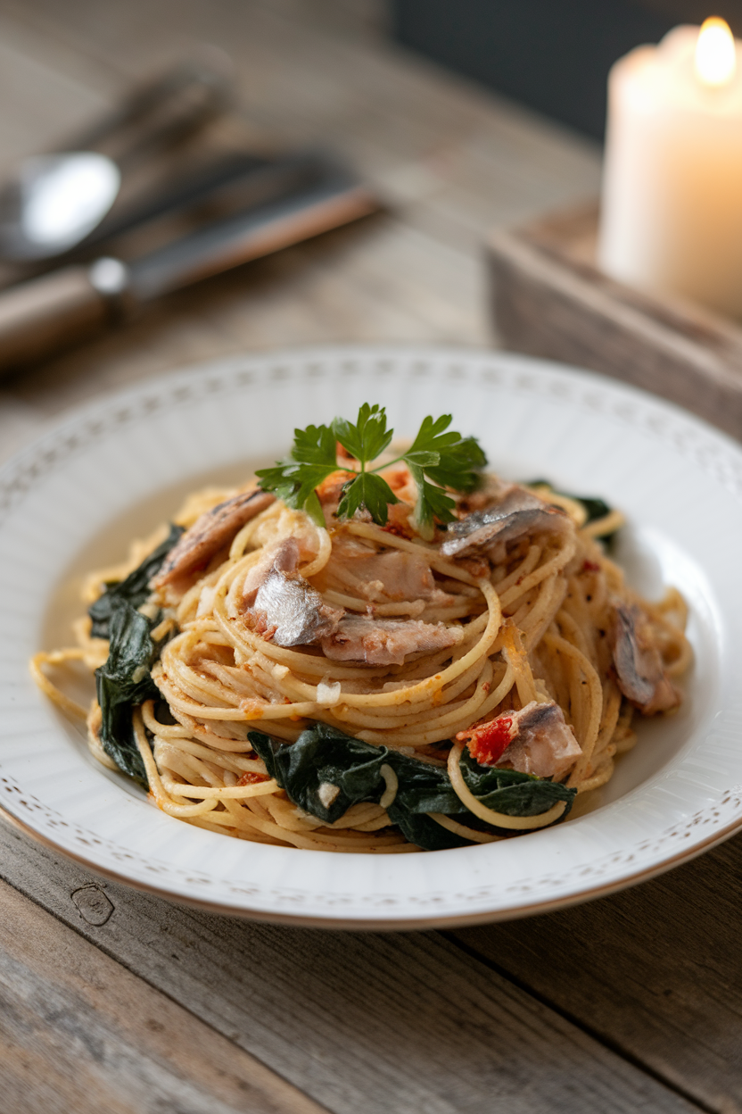 An indoor dinner plate of whole-wheat spaghetti tossed with cooked sardine flakes, wilted spinach, garlic, and chili flakes. No logos or text; photo only.
