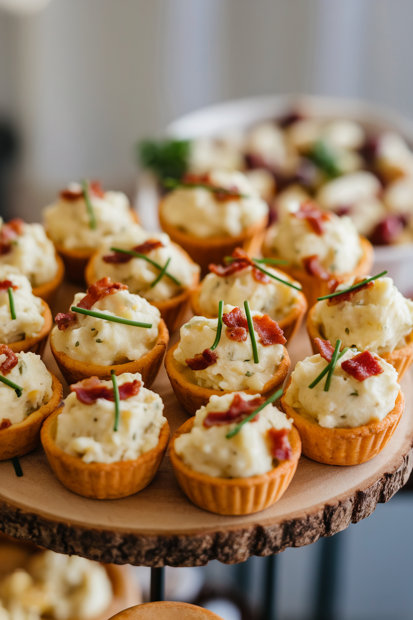 Indoor appetizer tray featuring bite-size mashed potato puffs in mini muffin shapes, topped with chives and bits of bacon. No text or logos. Photo only.