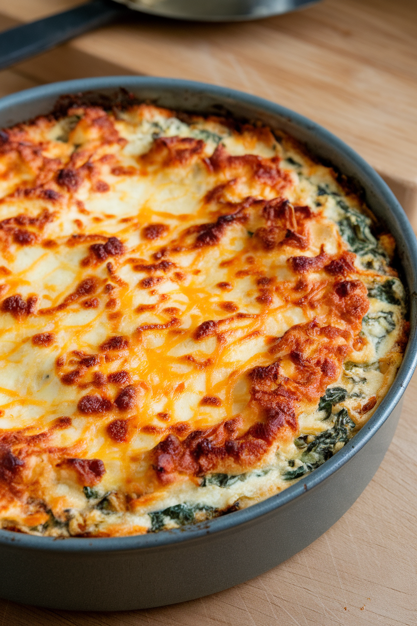 A round baking dish indoors with bubbling spinach-artichoke dip style casserole, browned cheese on top; no text or logos. Photo only.