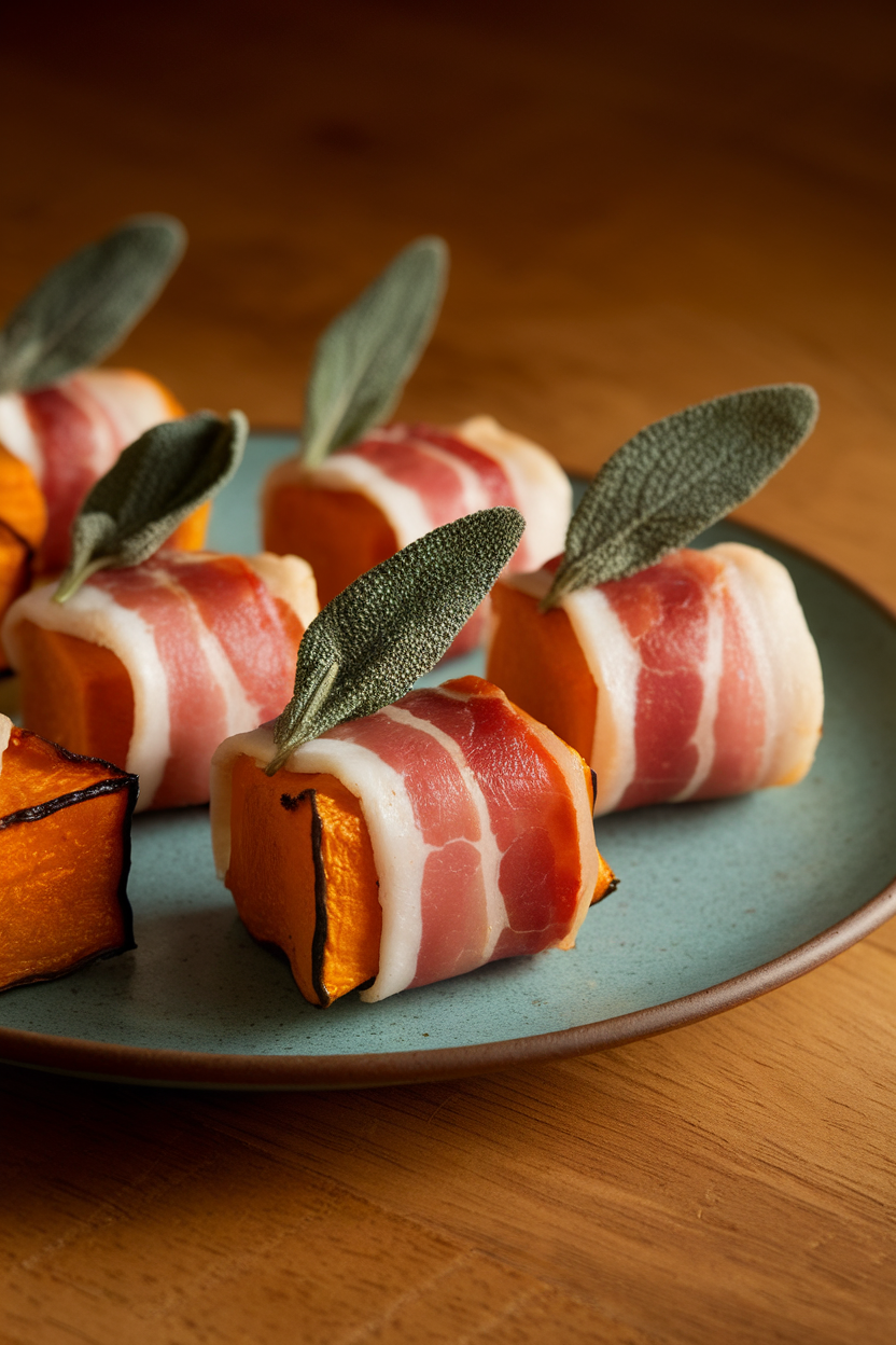 An indoor appetizer plate of roasted pumpkin cubes wrapped in crisp bacon with a fresh sage leaf tucked underneath each strip. Warm lighting, no text or logos. Photo, not illustration.
