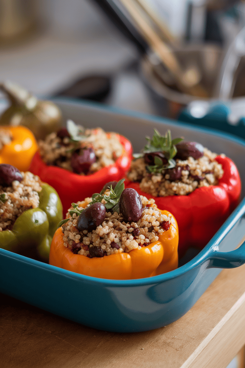 Indoor casserole dish with cooked bell peppers filled with quinoa, olives, and herbs, no wording