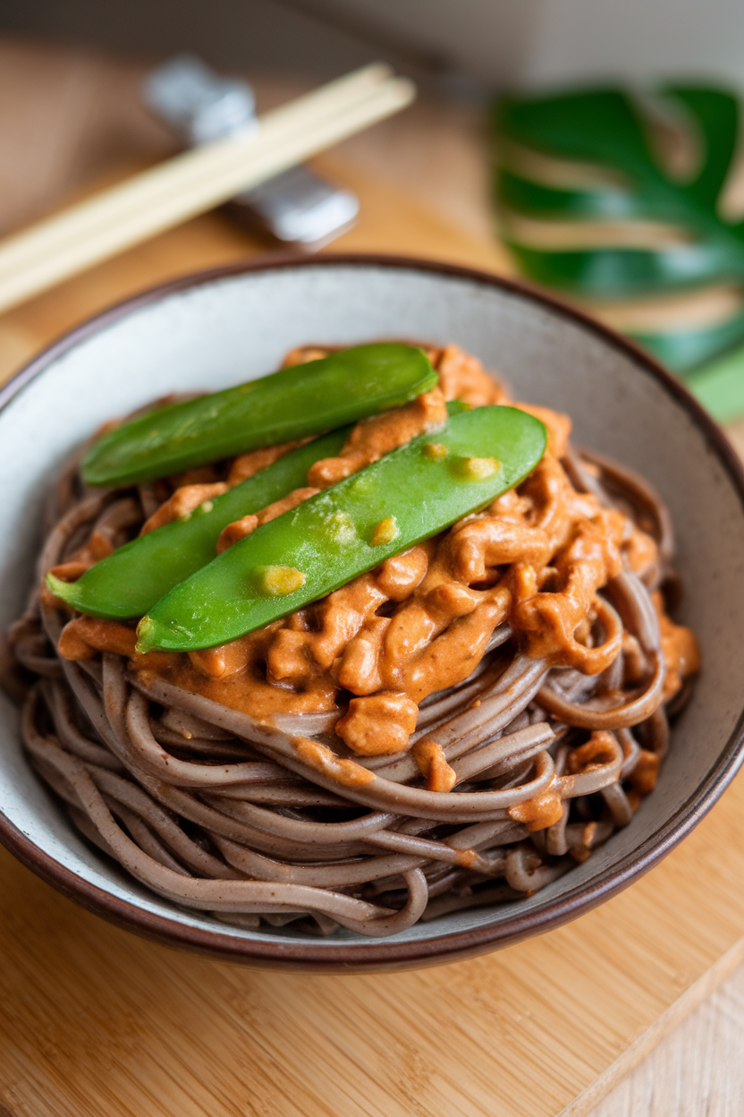 Indoor photo of a bowl of buckwheat soba noodles tossed with peanut sauce and bright green snap peas; no text or logos.