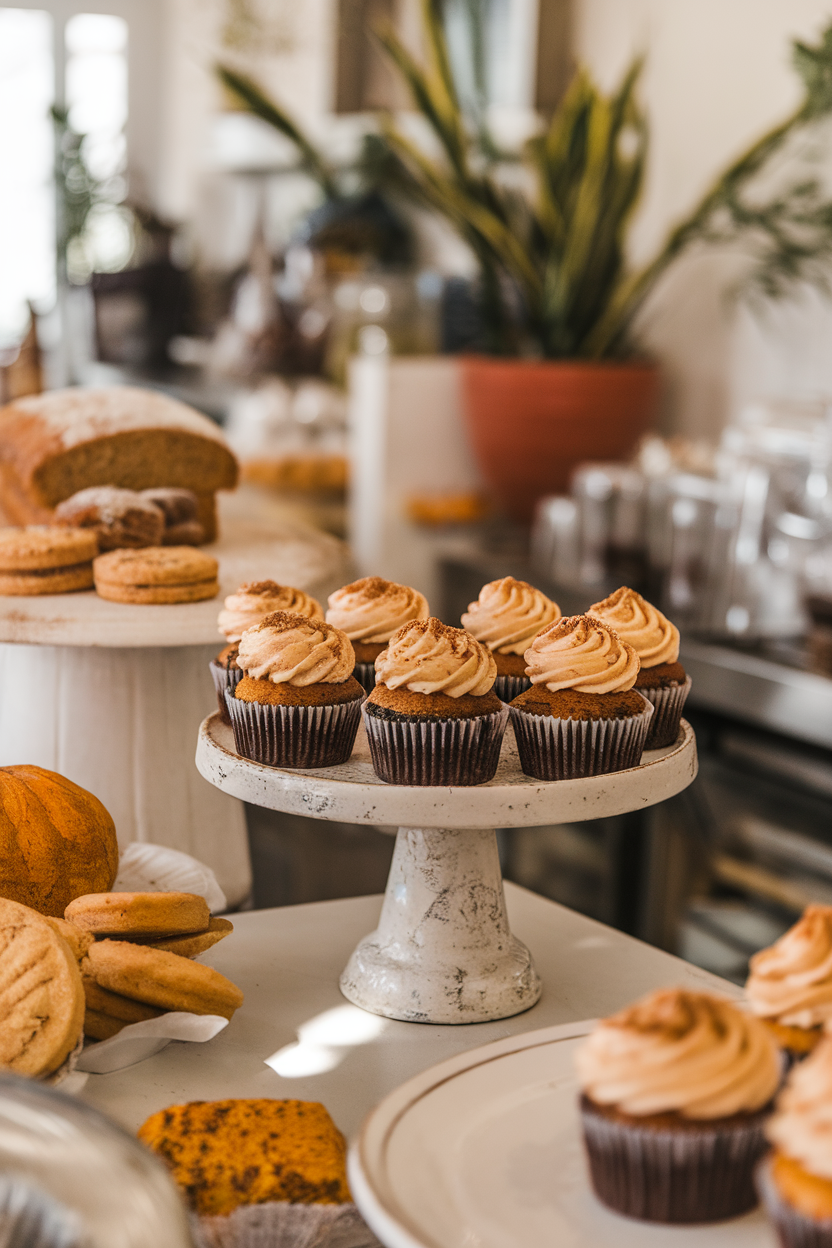 A café-style indoor counter displaying pumpkin cupcakes crowned with espresso-flavored frosting and a dusting of cinnamon. Photo only, no text or logos.