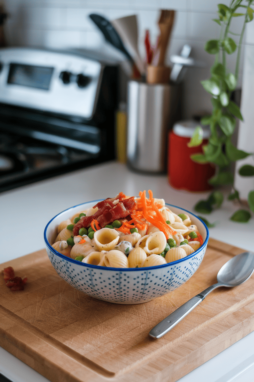 An indoor kitchen counter showing a bowl of shell pasta mixed with ranch dressing, peas, shredded carrots, and bacon pieces. No text or logos; photo.