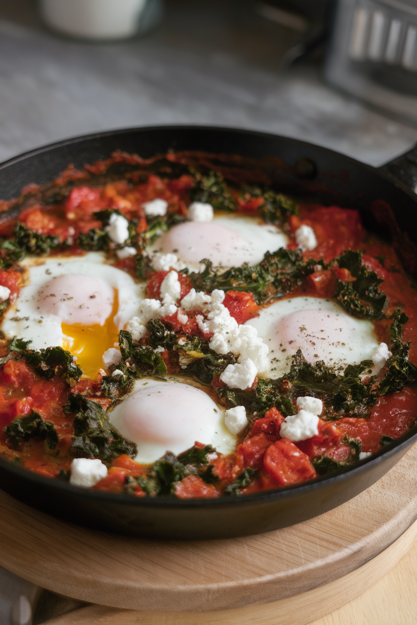 An indoor skillet containing poached eggs nestled in a chunky tomato and kale sauce, sprinkled with feta. No logos; photography only.