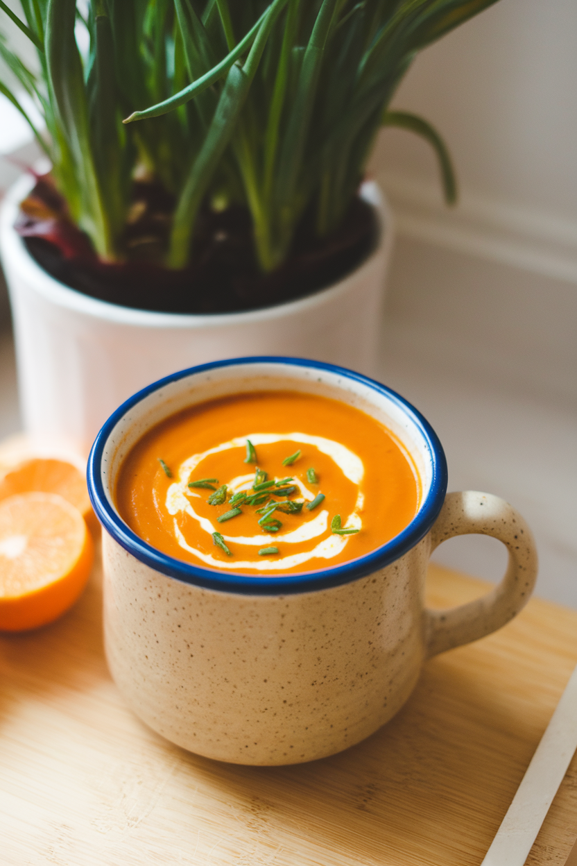 An indoor soup mug of orange sweet potato bisque garnished with a swirl of cream and chives, no text or logos. Photo.</Prompt