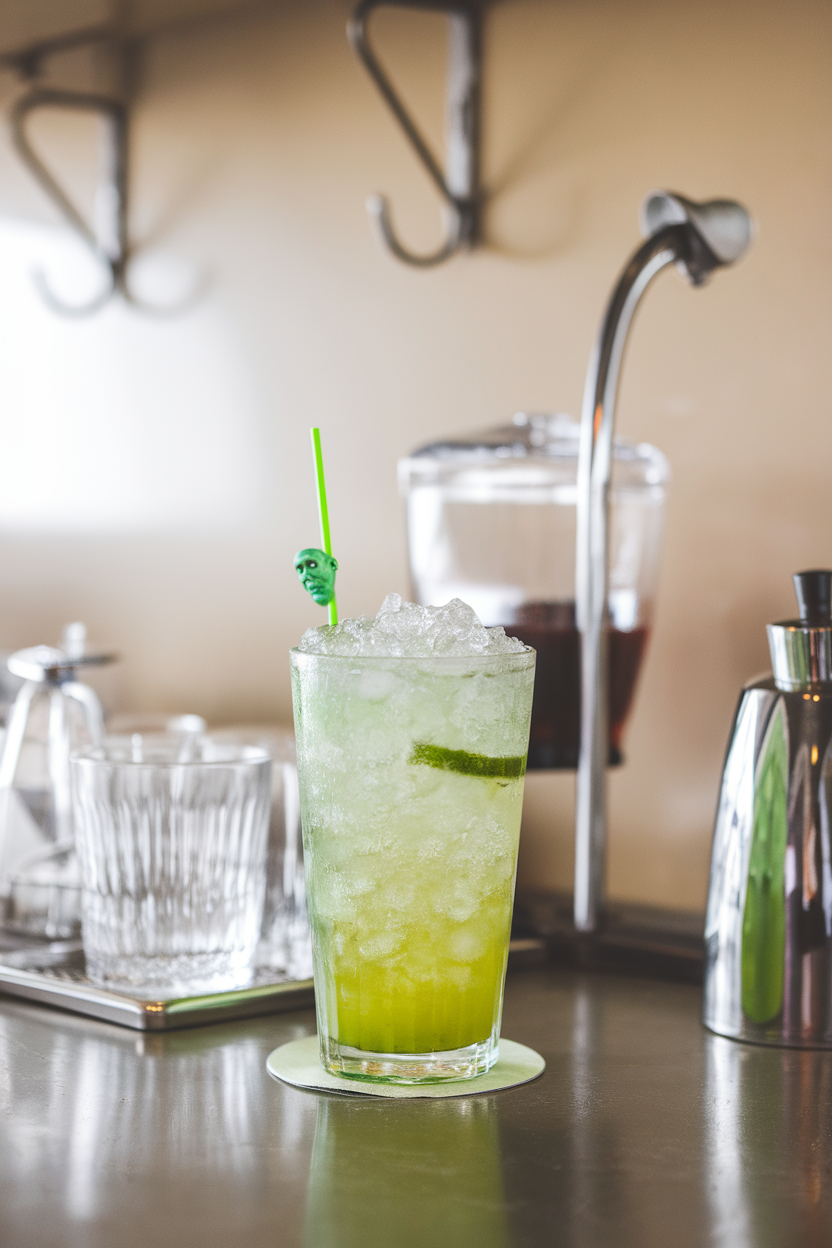 Indoor soda-shop style counter with a highball of bright green lime rickey, overflowing crushed ice, tiny Frankenstein stir stick. No logos or text visible. Photo, not illustration.