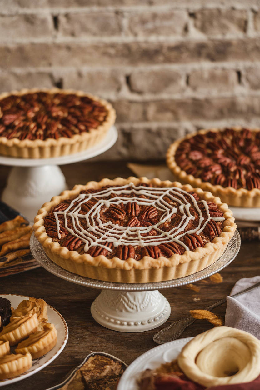 A classic indoor pie stand holding a pecan pie covered with a thin white chocolate cobweb pattern. Photo only, no text or logos.