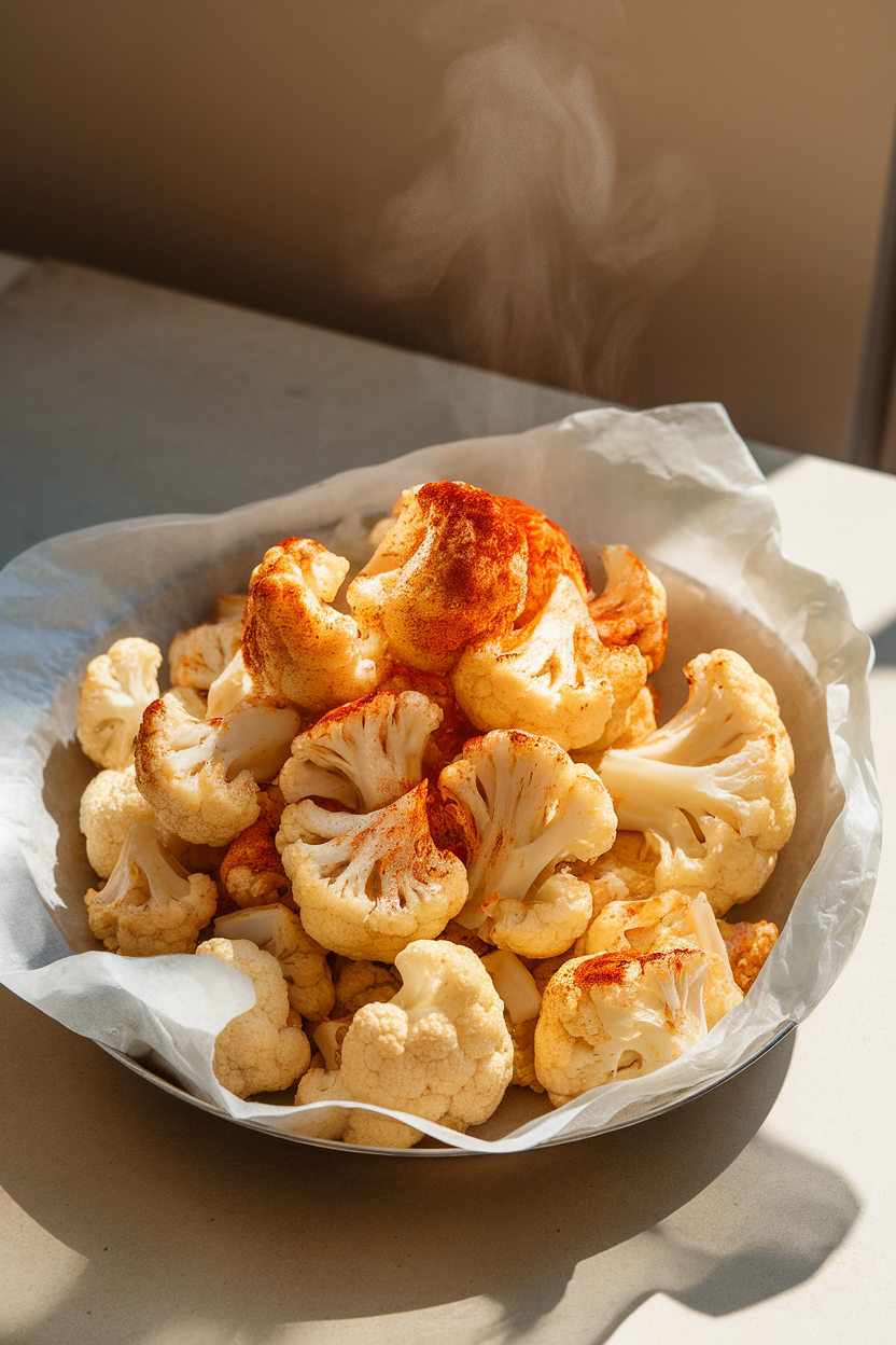 Indoor photo of roasted cauliflower florets tossed with smoked paprika and mild ghost pepper powder, piled in a parchment-lined bowl, steam still visible. No text or logos.