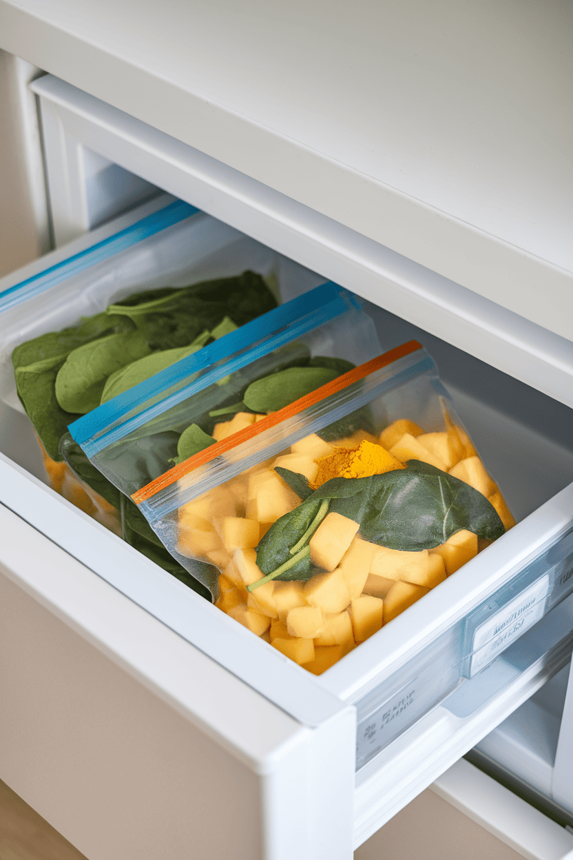 An indoor freezer drawer partly open, showing zip-top bags filled with frozen mango chunks, spinach leaves, and a pinch of turmeric powder. No text or logos visible. Photo, not illustration.
