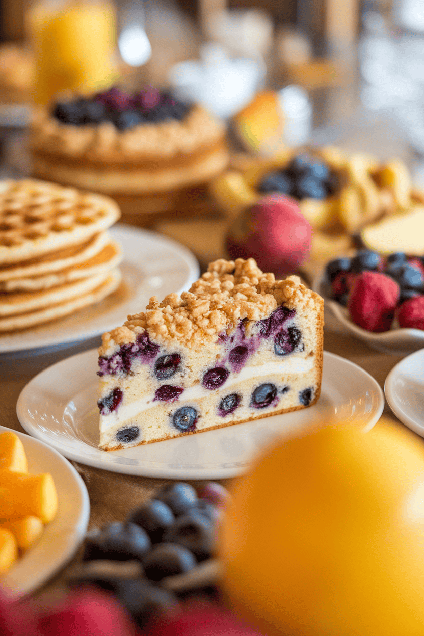 An indoor brunch buffet featuring a slice of blueberry coffee cake with visible cream cheese ribbon and a streusel topping. No text or logos. Photo only.