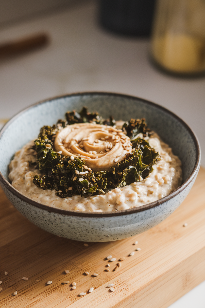 An indoor bowl of creamy savory oats topped with sautéed kale and a swirl of miso paste, photographed three-quarter overhead. No text or logos present.