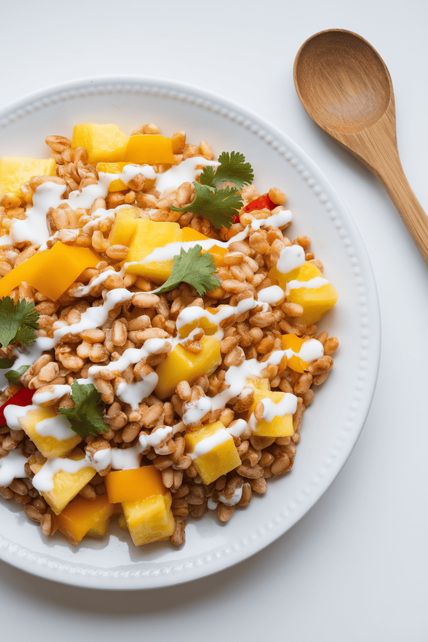 Indoor photo of farro grains mixed with diced pineapple, mango, red pepper, and cilantro, drizzled with coconut milk dressing; no text or logos.