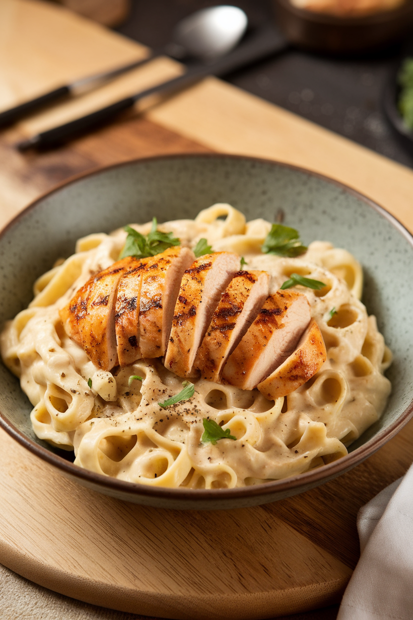 Indoor bowl of creamy fettuccine Alfredo topped with sliced grilled chicken breast and parsley. Soft, warm lighting, no logos. Photo.