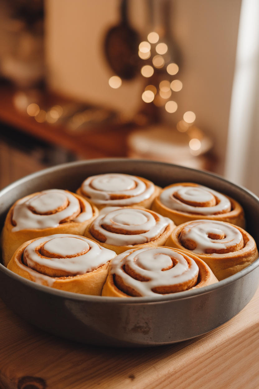 Photo of a pan of pumpkin cinnamon rolls topped with cream cheese icing, warm indoor kitchen scene, no logos or text.