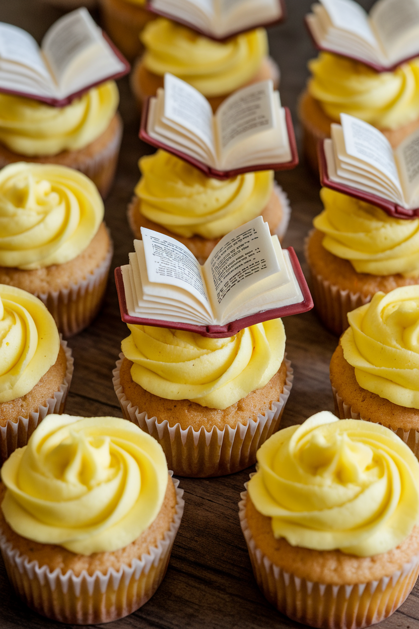 Indoor shot of lemon cupcakes with bright yellow frosting and a tiny fondant spellbook resting open on each, no text or logos.